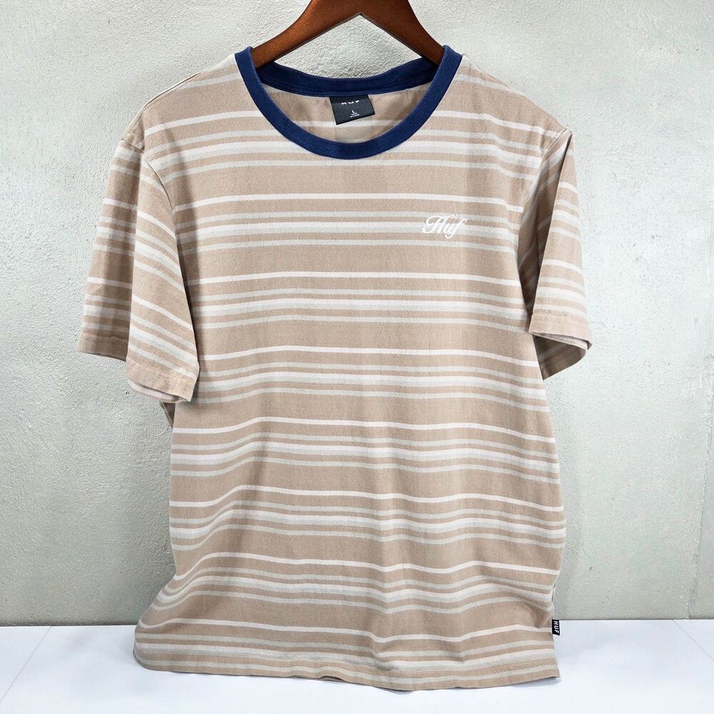 HUF Striped Ringer T Shirt Tan White Navy Embroidered Logo Sz L